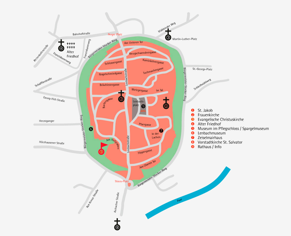 Plan des Altstadtkerns Schrobenhausen für eine Wander- und Radlbroschüre/Schrobenhausener Land